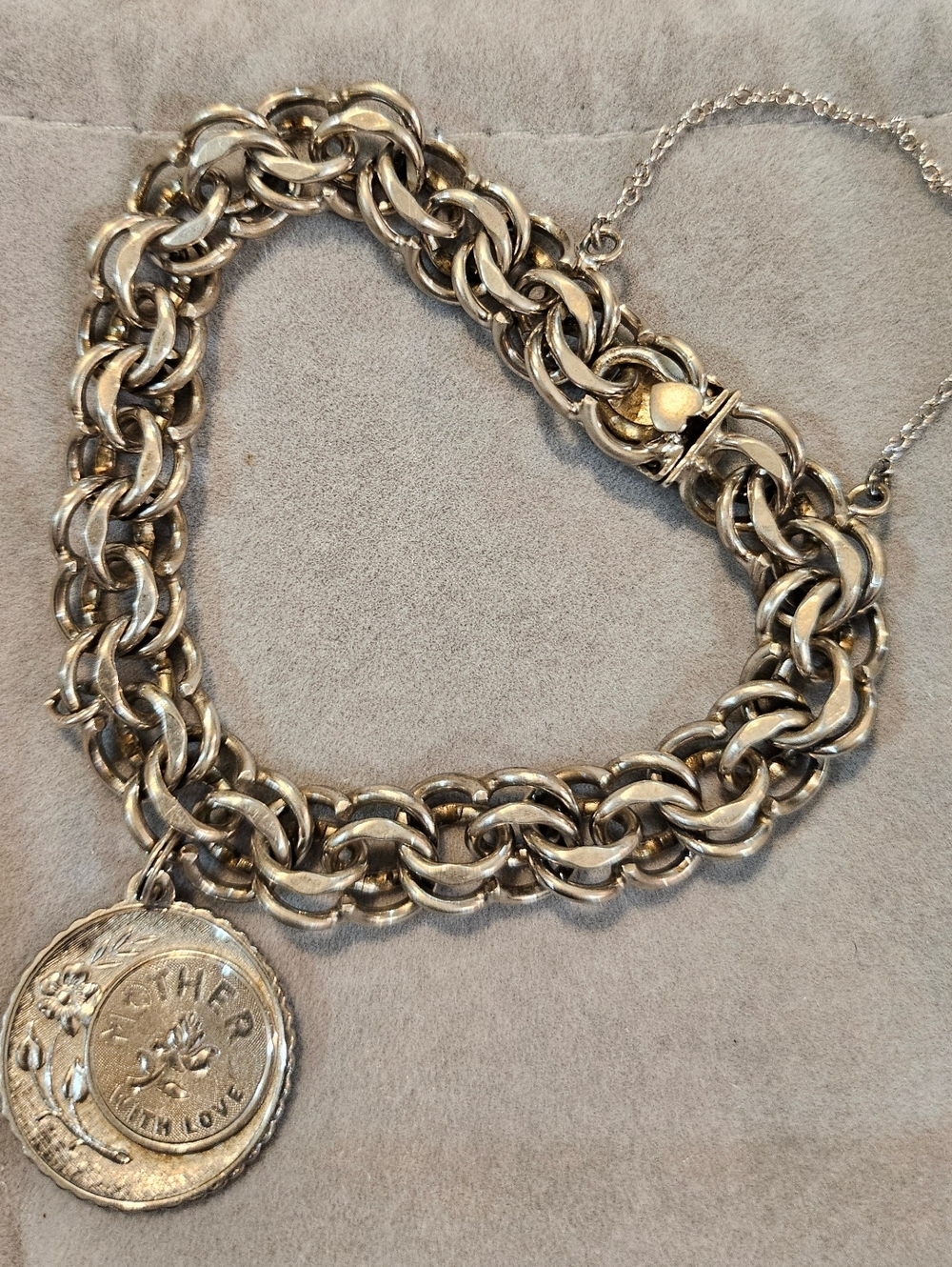 Vintage Mother's Day Silver Chunky Link Bracelet with Round Charm W/Safety Chain